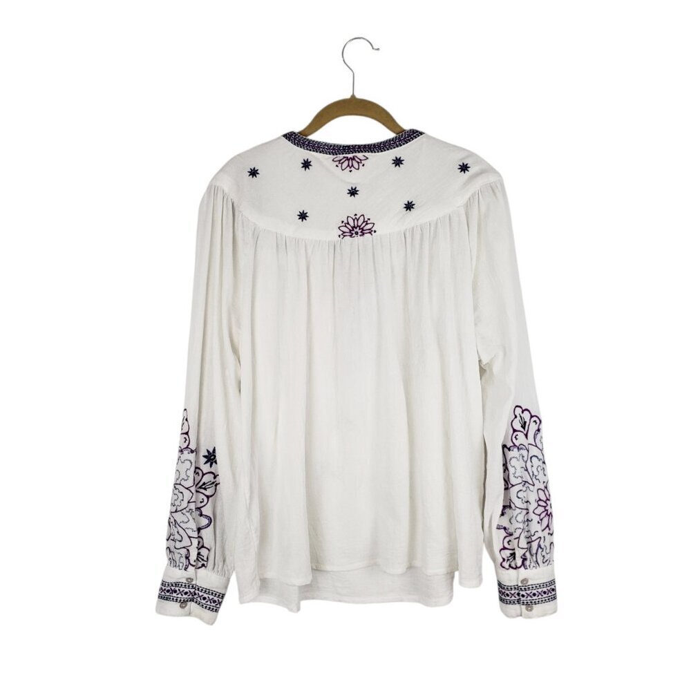 FatFace Embroidered Boho Peasant Top White Purple Floral Long Sleeve Womens 14 - Picture 2 of 10